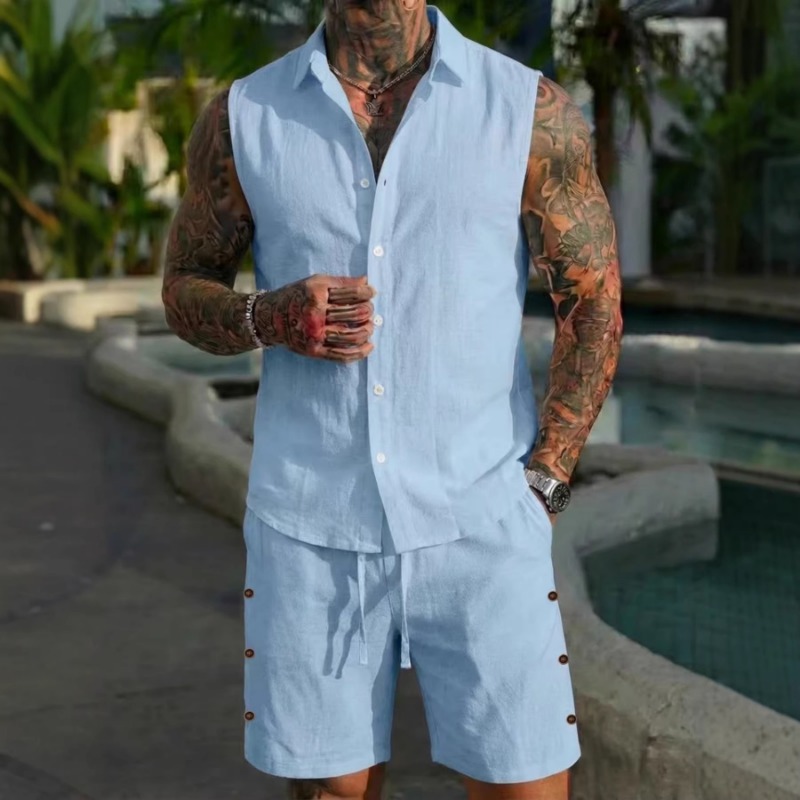 Linen Shirt Summer - Men's 2 Piece Linen Textured Sleeveless