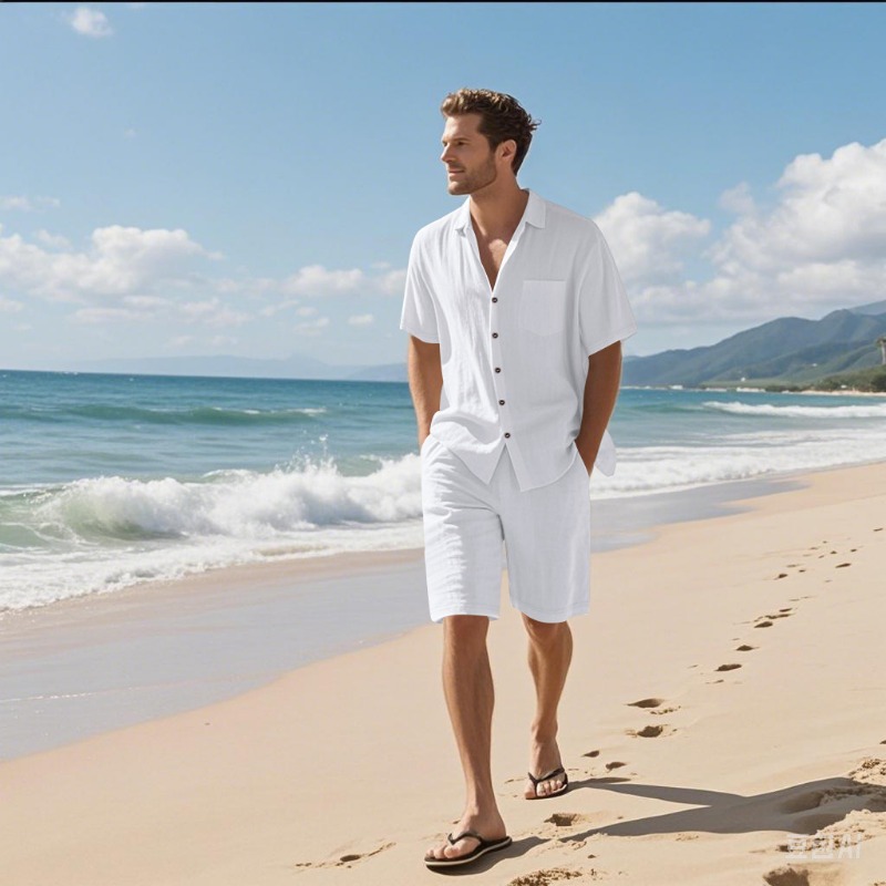 Linen Shirt Summer - Men Linen Blend Camp Collar Shirt
