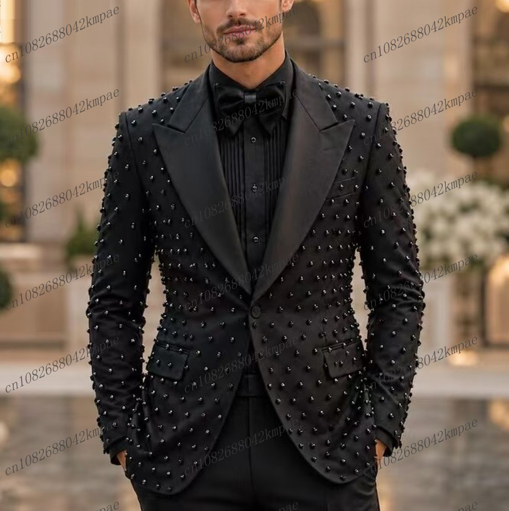 Mens Fashion Blazer - Fashion Pearl Black Men Suit Prom