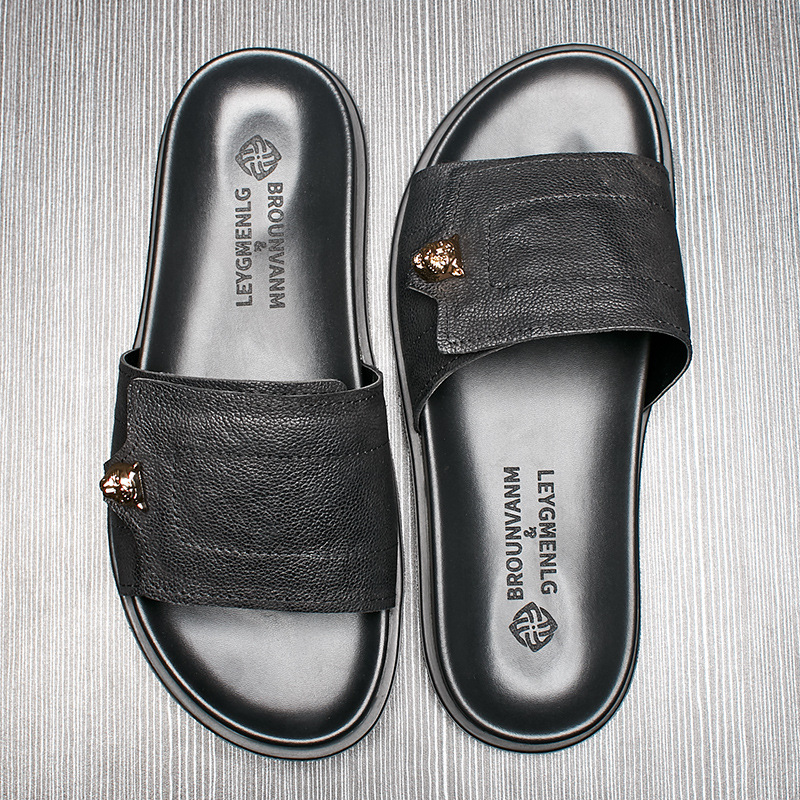 Mens Fashion Summer 2025 - 2025 New Genuine Leather Slippers Metal