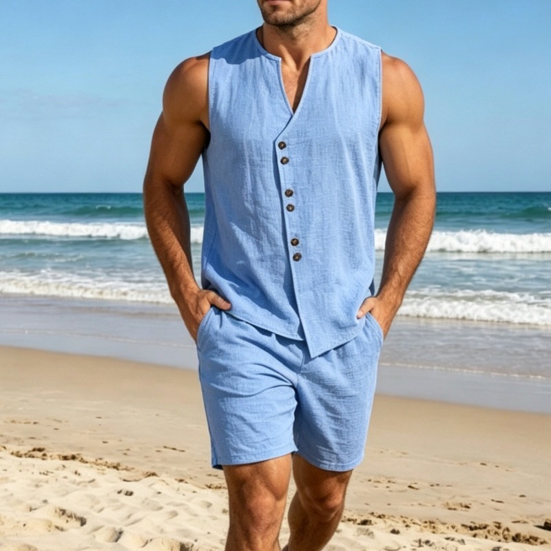 Men Simple Solid Linen Sleevel - Linen Shirt Summer review and price